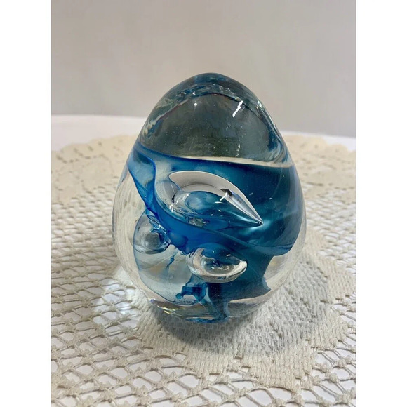 Vintage Blue & Clear Art Glass Heavy Weight Egg Shaped Paperweight Signed - Picture 1 of 10